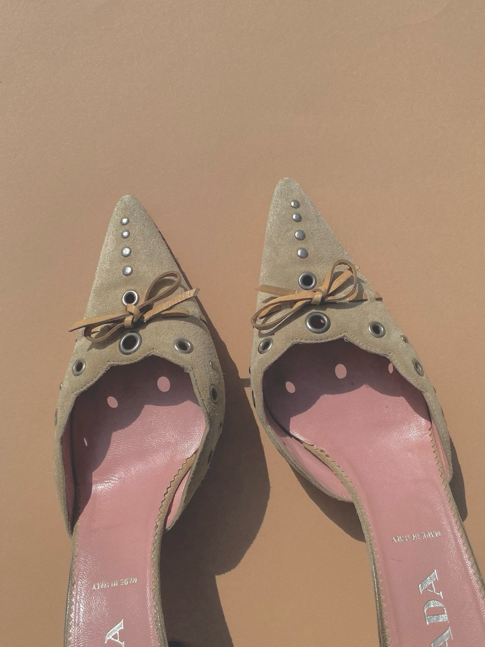 Vintage Prada Suede Grommet pointed toe mules